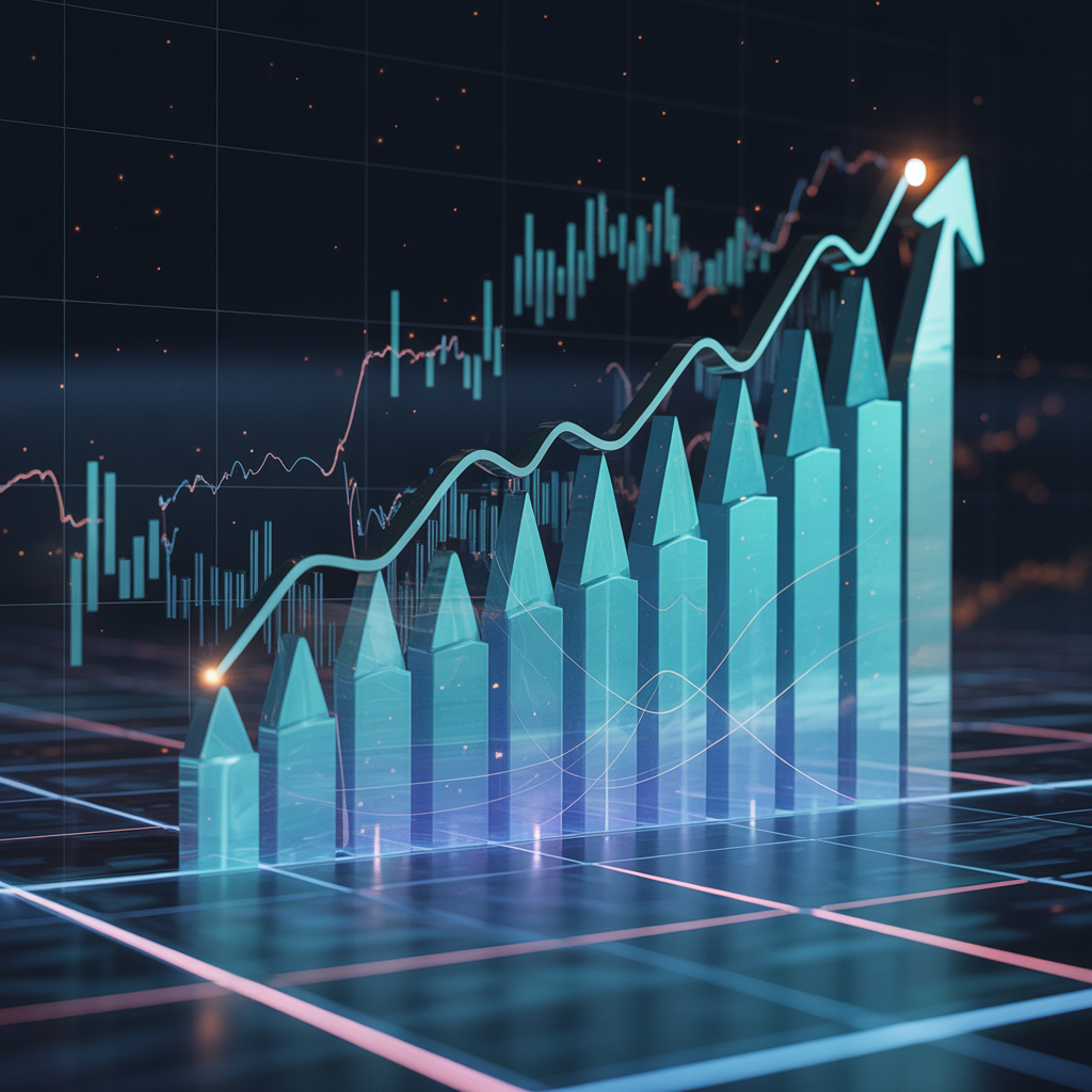 A futuristic digital financial chart displaying upward growth trends, abstract data visualization, dark mode, no people